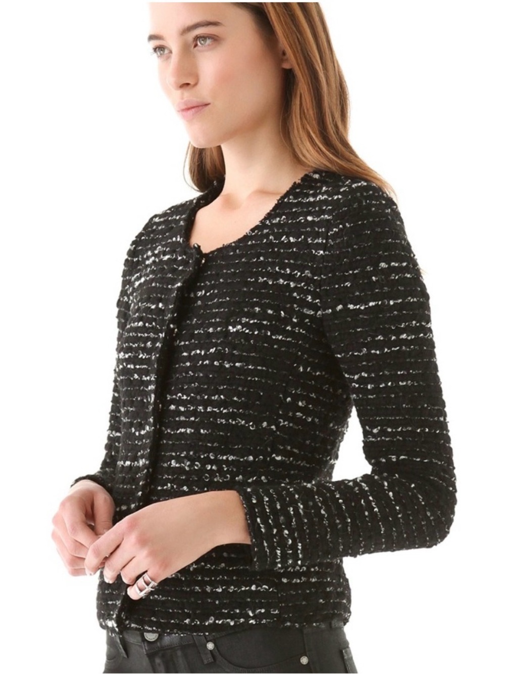 IRO Molly Tweed Boucle Jacket Snap Up Collarless Wool Blend Noir Black size 0